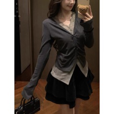 批发欧货<b class='q'>V领</b>蕾丝花边假两件拼接撞色蝴蝶结长袖<b class='q'>T</b><b class='q'>恤</b>女2025秋冬新款小衫