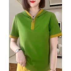 批发夏季新款时尚半开领短袖t恤女洋气拼色连帽上衣<b class='q'>显瘦</b>时尚潮流女装