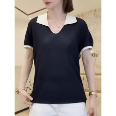 批发2025夏季新款洋气撞色翻领百搭减龄<b class='q'>妈妈</b>装方领飞飞袖薄款<b class='q'>针织衫</b>女