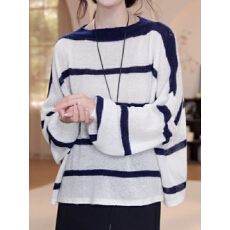 批发女洋气独特<b class='q'>超</b>好看宽松显瘦长袖上衣慵懒感百搭休闲撞色条纹针织衫