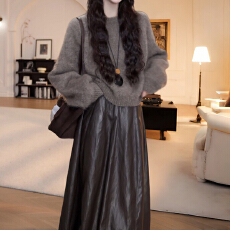 批发+PU半身裙套装法式慵懒气质宽松显瘦一整套<b class='q'>胖</b>MM<b class='q'>显瘦</b>气质软糯毛衣