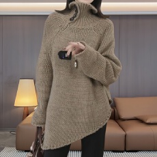 批发春秋大码慵懒风宽松遮肉显瘦上衣<b class='q'>胖</b>mm<b class='q'>韩</b>系斜襟设计感立领针织衫女