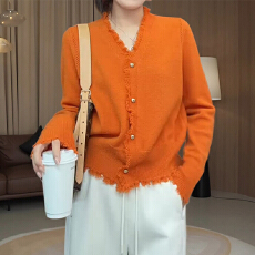 批发韩系时尚百搭橘色V领针织开衫女款胖MM洋气减龄毛边流苏<b class='q'>宽松</b>上衣