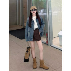 批发撞色pu皮拼接翻领<b class='q'>牛仔</b><b class='q'>外套</b>女春秋季港风复古慵懒风bf宽松夹克上衣