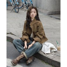 批发复古咖色牛仔短外套2025春秋新款宽松立领工装夹克上衣