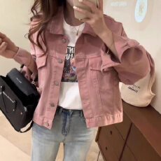 批发粉色牛仔外套女秋季新款小个子时尚<b class='q'>百搭</b>宽松显瘦短款外搭上衣
