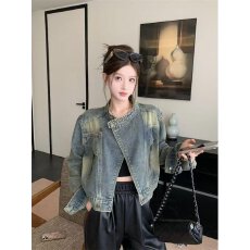 批发2025春秋季新款港味复古做旧短款牛仔外套女宽松显瘦立领夹克上衣