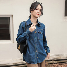 批发法式复古牛仔衬衫女2025秋季<b class='q'>百搭</b>叠穿蓝色开衫外套小众设计感上衣