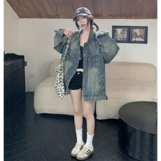 批发潮牌复古蓝做旧破洞牛仔外套女春秋季韩版设计感宽松休闲夹克上衣