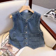 批发广州十三行爆款~帅气干练_口袋圆领短款无袖牛仔马甲上衣女百搭潮