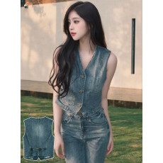 批发牛仔马甲女外穿夏季复古薄款无袖坎肩背心马夹后背系带外套上衣潮