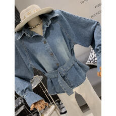 批发韩版时尚复古水洗系带收腰Polo领设计感小众<b class='q'>百搭</b>洋气牛仔衬衫女