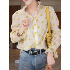 批发秋季新款法式高级感波点木耳边<b class='q'>衬衫</b>女士时尚气质宽松休闲<b class='q'>长袖</b>上衣