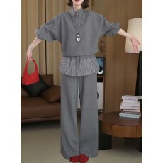 批发半拉链套头立领长袖卫衣<b class='q'>女</b>2026春季拼接假两件条纹屁帘阔腿裤<b class='q'>套</b>装