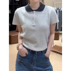 批发韩系拼色娃娃领<b class='q'>针织</b><b class='q'>衫</b>女夏季新款时尚半开领纽扣小<b class='q'>衫</b>洋气减龄上衣