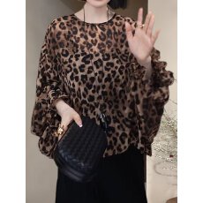 批发复古豹纹气质圆领T恤女春秋季<b class='q'>大码</b>宽松显瘦<b class='q'>雪纺衫</b>高级感百搭上衣
