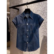 批发2026夏季新款港风复古时尚休闲百搭修身蓝色<b class='q'>牛仔</b>短袖衬衫上衣女装