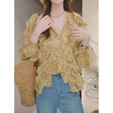 批发法式复古荷叶边印花<b class='q'>衬衫</b>女春秋季大码宽松显瘦小众设计感长袖上衣