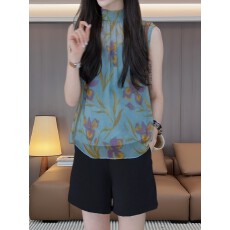 批发韩版<b class='q'>时尚</b>花卉印花无袖衬衫+吊带背心两件套春夏大码女士<b class='q'>时尚</b>套装