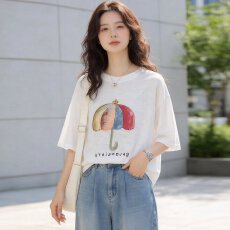 批发2026新款时尚彩虹雨伞印花短袖T恤女夏季小个子宽松百搭休闲上衣