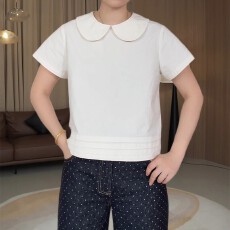 批发韩式百搭日常<b class='q'>休闲</b>风大码短袖衬衫女装半纽扣娃娃领套头简约上衣潮