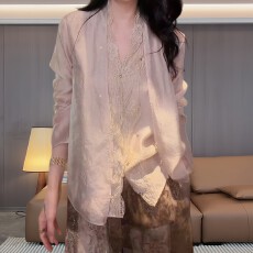 批发法式V领蕾丝拼接假两件衬衫女夏季轻薄气质显瘦百搭防晒长袖上衣