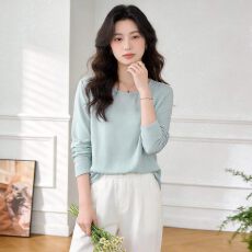 批发温柔慵懒风圆领长袖T恤女夏季宽松显瘦休闲百搭薄款防晒休闲上衣