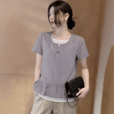 批发时尚假两件小个子设计短袖衬衫女夏季宽松遮肉荷叶边套头韩系上衣