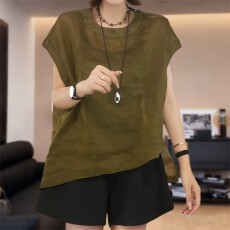 批发大码mm松弛感圆领衬衫女夏季宽松<b class='q'>妈妈</b>装不规则设计遮肉显瘦上<b class='q'>衣服</b>