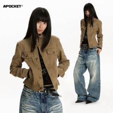 批发Apocket美式<b class='q'>街头</b>斜门襟设计感立领牛仔外套女修身短款工装夹克潮