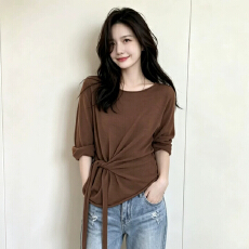 批发秋季时尚韩系百搭针织衫上衣女新款小众洋气穿搭绑带收腰长袖毛衣