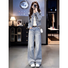 批发秋季韩系穿搭一整套高级感显瘦减龄休闲<b class='q'>牛仔</b><b class='q'>外套</b>阔腿裤两件套装女