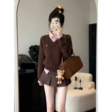 批发秋装搭配一整套装2025新款小个子气质假两件polo领毛衣<b class='q'>百褶</b>裙女装