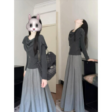 批发巨好看的秋<b class='q'>装</b>一整套休闲套<b class='q'>装</b>女不规则荡领针织衫休闲半身裙两件套