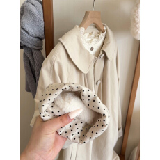 批发秋冬巨好看小个子娃娃领波点拼接加绒加厚卡其色中长款<b class='q'>风衣</b>外套女