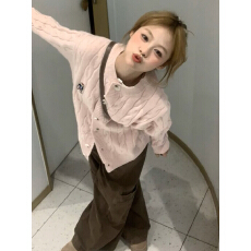 批发费尔岛粉色毛衣女冬季加厚2025新款慵懒风高级感针织开衫外套<b class='q'>秋</b>冬