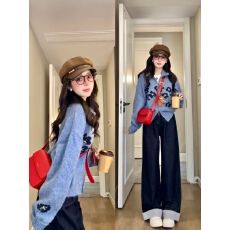 批发韩系一整套深冬穿搭高级感法式复古蓝色拉链翻领毛衣阔腿裤两件套