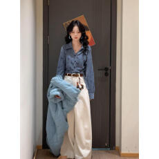 批发独特漂亮冬装一整套巨好看的套装女复古翻领<b class='q'>衬衫</b>高腰阔腿裤两件套