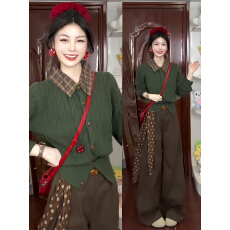 批发韩系复古绿色假两件<b class='q'>衬衫</b>领针织衫毛衣女冬季超好看内搭打底衫上衣