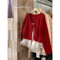 批发巨好看冬装一整套装韩系红色套装<b class='q'>女</b>系带针织衫花边吊带背心两件套