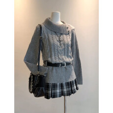 批发秋冬巨好看设计感古着vintage慵懒感翻领麻花毛衣<b class='q'>百褶</b><b class='q'>短裙</b>一整套