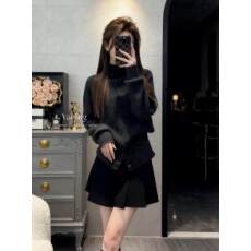 批发巨好看的老钱风穿搭一整套小香风套装女高领针织开衫<b class='q'>百褶</b>裙两件套