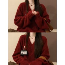 批发韩系宽松慵懒风红色V领<b class='q'>毛衣</b>女款2026新款冬季可外穿内搭新年穿搭
