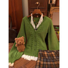 批发秋冬穿搭一整套韩系复古绿色V领针织<b class='q'>开衫</b><b class='q'>女</b>叠穿蕾丝吊带两件套装