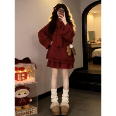 批发2026新款独特漂亮的红色<b class='q'>毛衣</b>连衣裙子女秋冬季新年穿搭氛围感套装