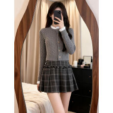 批发独特漂亮一整套冬装学院风套装女麻花针织开衫格纹半身裙<b class='q'>两件套</b>