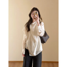 批发韩系慵懒风白色圆领<b class='q'>长袖</b>衬衫女2026春夏新款宽松百搭通勤上衣衬衣
