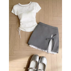 批发2026流行穿搭一整套休闲套装女波点收腰短袖T恤<b class='q'>蕾丝</b>边短裙两件套