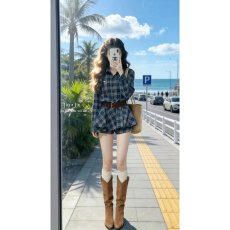 批发美式polo领撞色格子<b class='q'>连衣裙</b>复古气质衬衫上衣搭配短裤两件套早春季