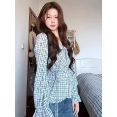 批发韩系复古格纹V领长袖<b class='q'>衬衫女</b>荷叶边系带收腰独特漂亮新款小衫上衣